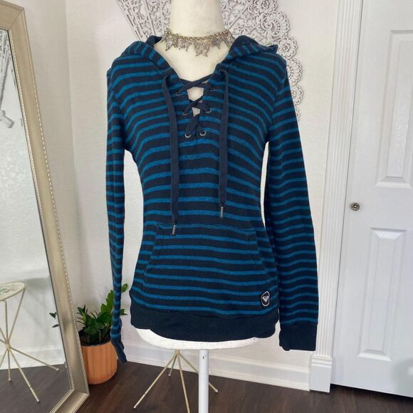 Roxy Early 2000's Whimsygoth Grunge Black Blue Striped Hoodie Long Sleeve XS - Picture 6 of 8